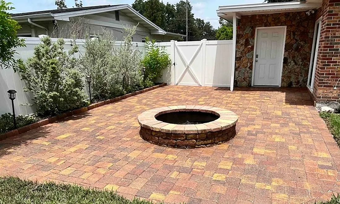 After: fire-pit patio cleaned, re-sanded and sealed, colors deep and even